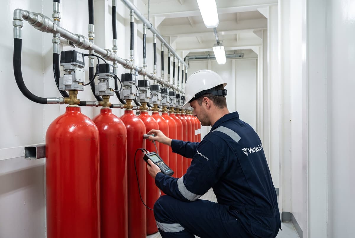 Bir CO2 tüp bankasının sıvı seviyesini ultrasonik seviye göstergesiyle ölçen bir Vertex teknisyeni